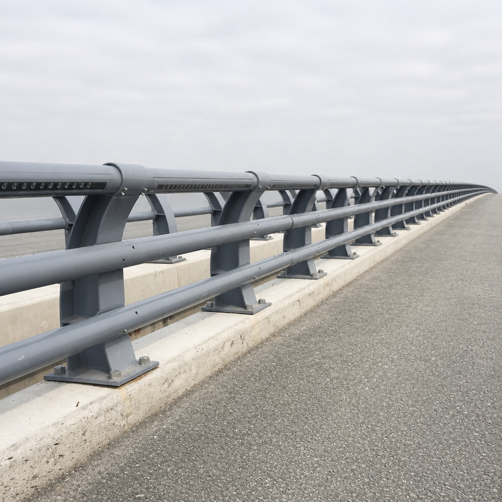 Gray steel bridge guardrail with curved posts along a road bridge