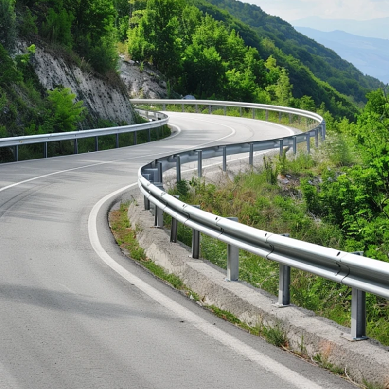 Finished galvanized W-beam guardrail along a mountain road